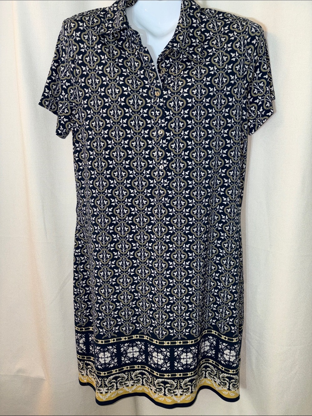 👗Max Studio Navy and Cream Patterned Midi Dress-Size Large👗